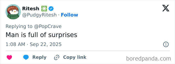 Tweet from Ritesh replying to PopCrave, captioned Man is full of surprises, referencing Harry Styles secretly running Berlin Marathon.