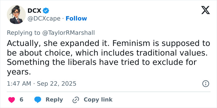 Tweet response debating feminism and choice, countering claims about the feminist movement after Erika Kirk&rsquo;s funeral remarks.