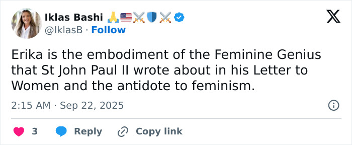 Tweet by Iklas Bashi praising Erika Kirk as the embodiment of feminine genius amid feminist debate after viral claims.
