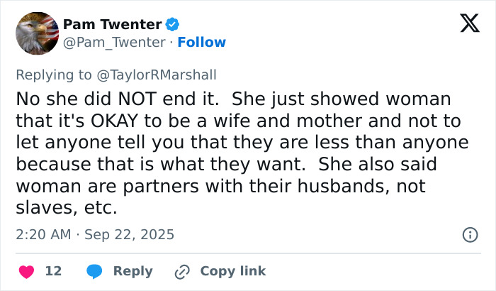 Tweet by Pam Twenter addressing heated debate over Erika Kirk ending the feminist movement with views on women and roles.