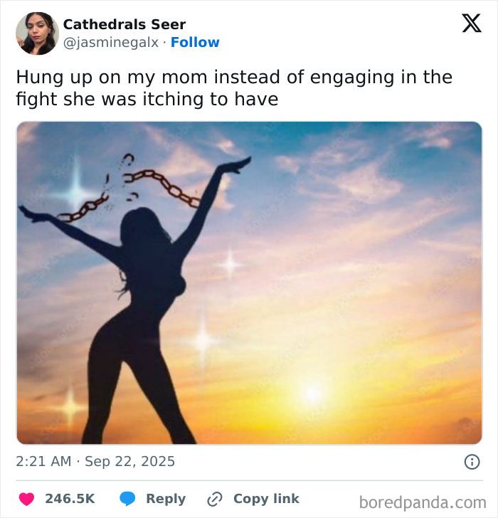 Funny tweet showing a silhouette breaking free from chains at sunset, featured in the funniest tweets of September collection.