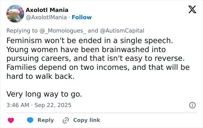 Twitter user Axolotl Mania responds to viral claims about feminism ending, emphasizing the ongoing challenges in the feminist movement.