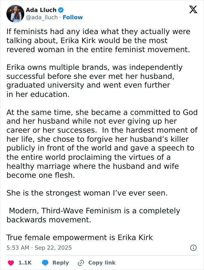 Tweet by Ada Lluch praising Erika Kirk&rsquo;s impact on the feminist movement and sparking a heated debate online.