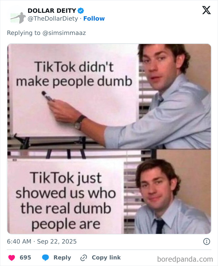 Man presenting whiteboard with TikTok meme, illustrating social media shown as revealing real dumb people for RaptureTok discussion.