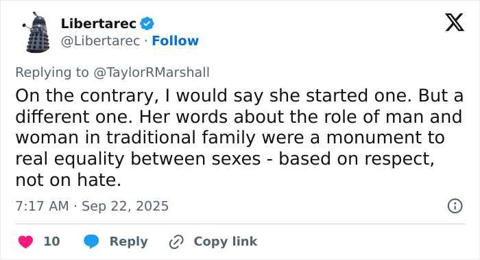 Tweet discussing Erika Kirk's impact on the feminist movement and traditional family roles in a heated debate.
