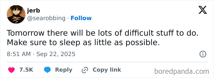 Screenshot of a funny tweet about difficult tasks and little sleep, part of the funniest tweets of September collection.