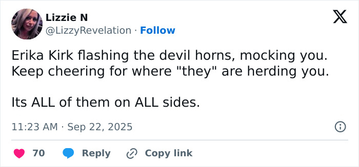 Tweet text accusing Erika Kirk of flashing devil horns, sparking internet reactions to her gesture during husband's funeral.