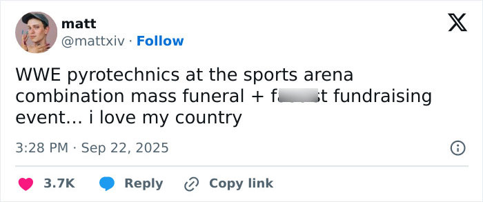 Screenshot of a tweet criticizing WWE level pyrotechnics at a sports arena funeral and fundraising event. Screenshot of a tweet criticizing WWE level pyrotechnics at a sports arena funeral and fundraising event.