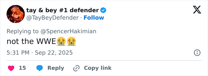 Screenshot of a Twitter reply criticizing WWE level stuff during Charlie Kirk memorial organizers’ event. Screenshot of a Twitter reply criticizing WWE level stuff during Charlie Kirk memorial organizers’ event.