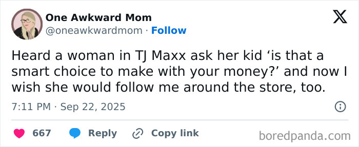 Tweet from One Awkward Mom sharing a funny parenting moment in a store, highlighting relatable parenting posts humor.