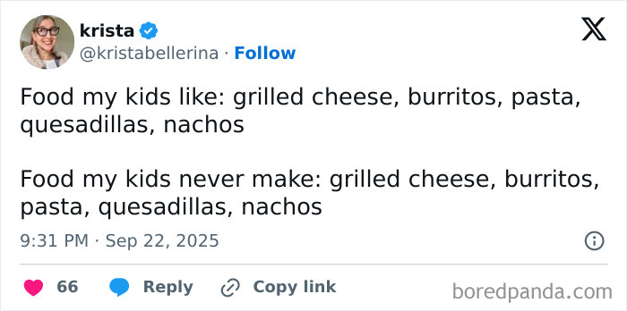 Tweet humor about kids' food preferences, highlighting funny parenting moments from popular 123 parenting posts.