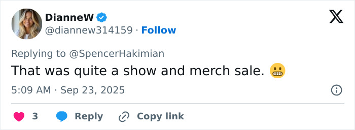 Tweet from DianneW reacting to Charlie Kirk memorial with a WWE level stuff comment and emoji in a social media post. Tweet from DianneW reacting to Charlie Kirk memorial with a WWE level stuff comment and emoji in a social media post.