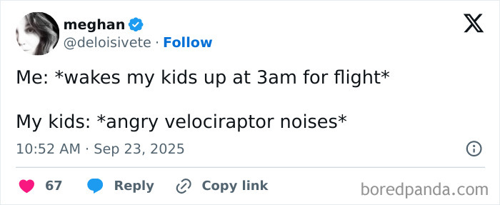 Screenshot of a humorous parenting post about waking kids early and their angry velociraptor noises, September edition.