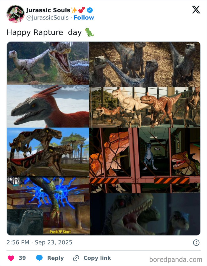 Collage of various dinosaur images from video games and animation, related to RaptureTok and apocalyptic predictions.