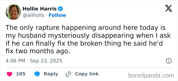 Tweet from Hollie Harris humorously discussing parenting frustration about a broken item and husband disappearing from the task.