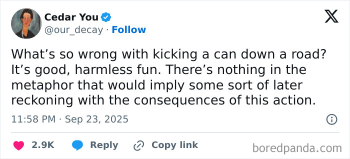 Funny tweet about kicking a can down the road, part of the funniest tweets of September collection.