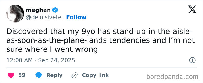 Twitter post by Meghan humorously describing parenting moments with her 9-year-old’s airplane behavior.