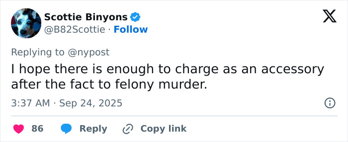 Tweet by Scottie Binyons expressing hope for felony murder charges related to disappearance involving Tyler Robinson's trans partner. Tweet by Scottie Binyons expressing hope for felony murder charges related to disappearance involving Tyler Robinson's trans partner.
