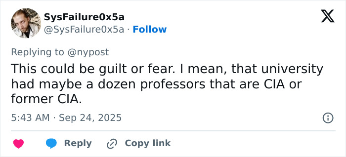 Tweet about possible fear or guilt linked to university professors potentially connected to the CIA in a missing person case. Tweet about possible fear or guilt linked to university professors potentially connected to the CIA in a missing person case.