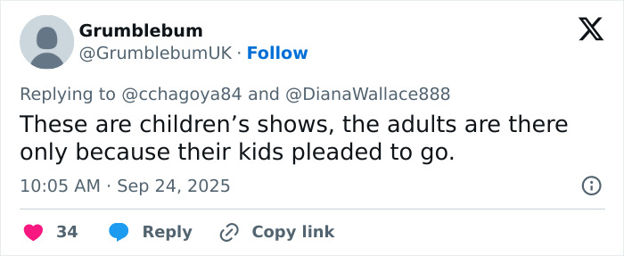 Twitter user discussing children's shows where adults attend because their kids insisted, highlighting controversy around Blackpink's Lisa's risqué outfit. Twitter user discussing children's shows where adults attend because their kids insisted, highlighting controversy around Blackpink's Lisa's risqué outfit.