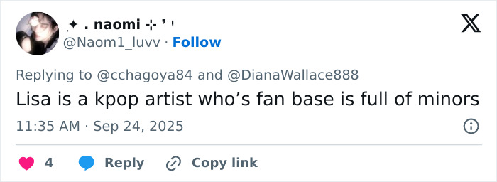 Tweet discussing Blackpink’s Lisa, mentioning her fan base includes many minors while performing on stage. Tweet discussing Blackpink’s Lisa, mentioning her fan base includes many minors while performing on stage.