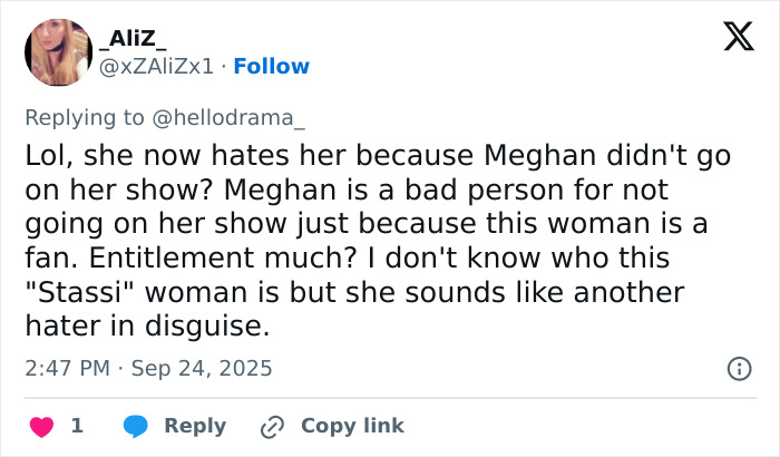 Tweet screenshot showing a user criticizing a reality TV star&rsquo;s comments about Meghan Markle being unappreciative.