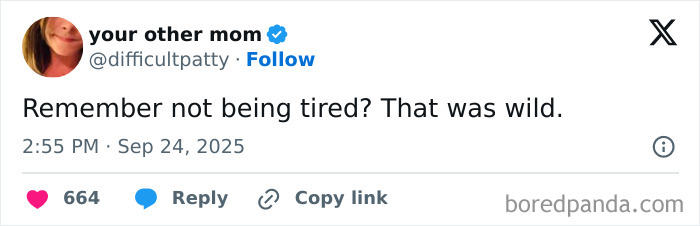Tweet from a parenting account humorously reflecting on the challenges of parenting and feeling tired.