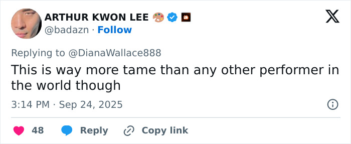 Tweet from Arthur Kwon Lee responding about performer’s outfit, mentioning it is tame compared to others worldwide. Tweet from Arthur Kwon Lee responding about performer’s outfit, mentioning it is tame compared to others worldwide.