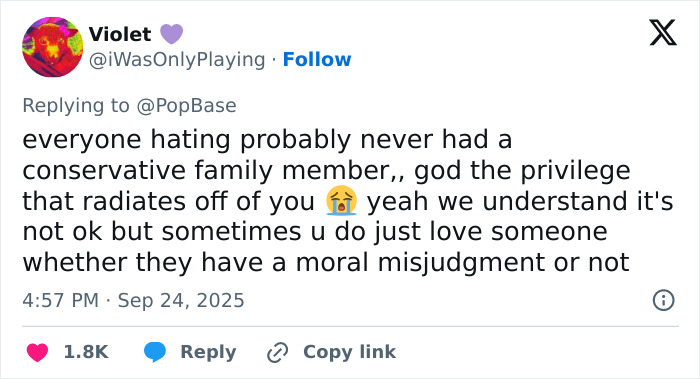 Tweet from Violet expressing frustration about conservative family members amid Emma Watson trans feud with J.K. Rowling fans.