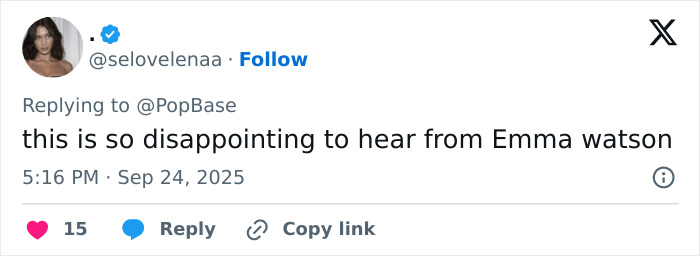 Screenshot of a social media post expressing disappointment over Emma Watson's response regarding the trans feud with J.K. Rowling.