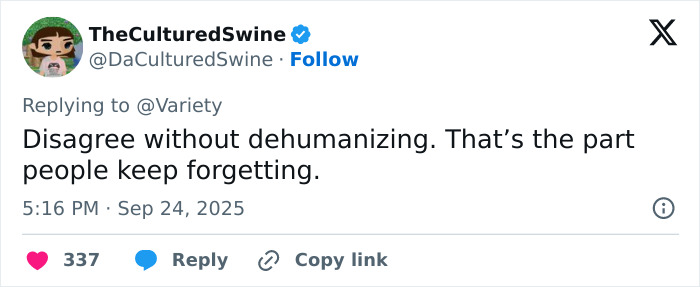 Screenshot of a tweet from TheCulturedSwine about Emma Watson and J.K. Rowling trans feud response.