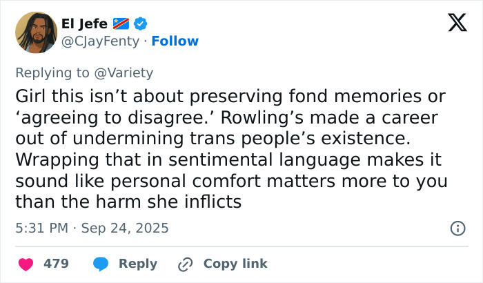 Screenshot of a Twitter reply criticizing J.K. Rowling's stance, related to Emma Watson trans feud fans reaction.