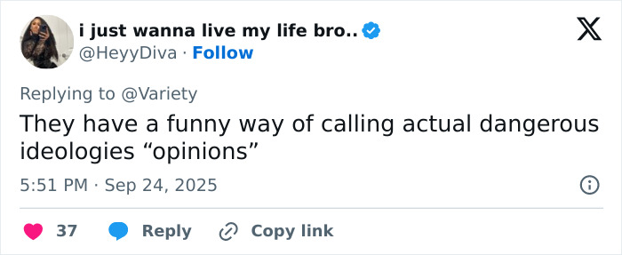 Tweet from a verified user criticizing dangerous ideologies called opinions amid Emma Watson trans feud with J.K. Rowling controversy.