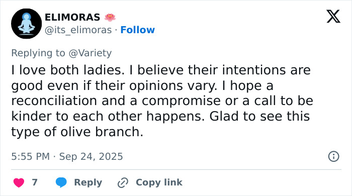 Tweet from user Elimoras expressing hope for reconciliation in Emma Watson trans feud with J.K. Rowling and calling for kindness between them.