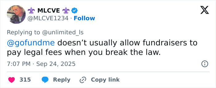 Screenshot of a social media post discussing fundraising restrictions related to sisters who destroyed Charlie Kirk memorial.