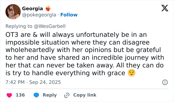 Tweet by Georgia expressing support and complex feelings about the Emma Watson and J.K. Rowling trans feud situation.