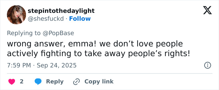 Screenshot of a tweet criticizing Emma Watson amid trans feud with J.K. Rowling, reflecting fans' unhappy reactions.