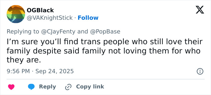 Tweet discussing trans people and family acceptance in response to a debate related to Emma Watson and J.K. Rowling trans feud.