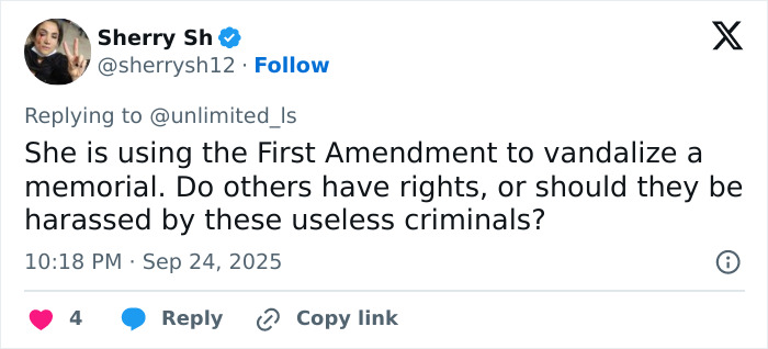 Tweet discussing sisters who destroyed Charlie Kirk memorial accused of vandalism and facing public backlash after becoming homeless.