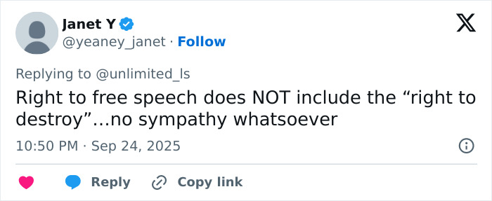 Tweet discussing free speech rights in relation to sisters who destroyed Charlie Kirk memorial and their subsequent hardship.