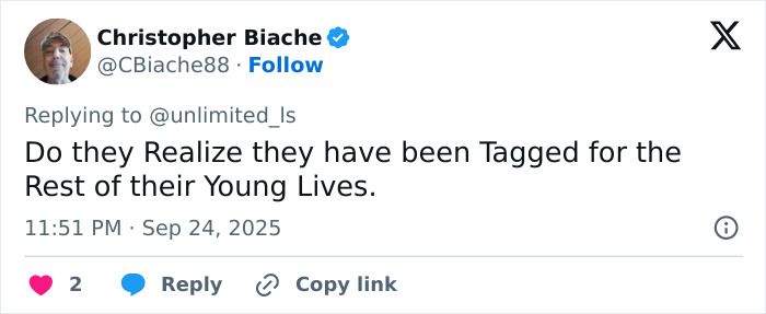 Tweet from Christopher Biache discussing the sisters who destroyed Charlie Kirk memorial and their tagged legacy.