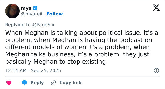 Tweet from reality TV star criticizing Meghan Markle for being unappreciated, discussing political and business issues.