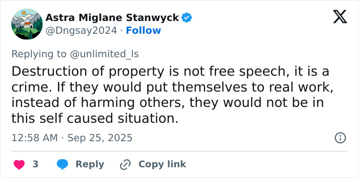 Tweet about destruction of property not being free speech, related to sisters who destroyed Charlie Kirk memorial situation.