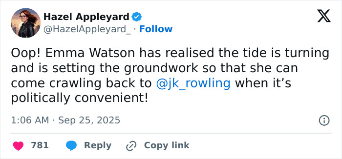 Screenshot of a tweet criticizing Emma Watson's response in the trans feud with J.K. Rowling, sparking fan reactions.