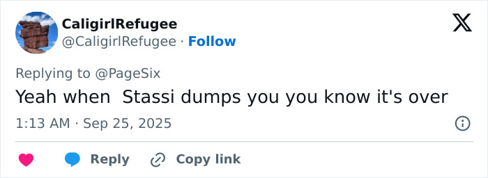 Tweet from user CaligirlRefugee commenting on Stassi dumping someone, highlighting reality TV conflict related to Meghan Markle drama.