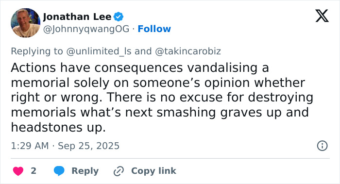 Tweet discussing the consequences of vandalizing a memorial, highlighting destruction and disrespect of graves and headstones.