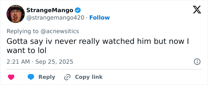 Tweet from StrangeMango responding to ABC News, expressing new interest after hearing about Jimmy Kimmel firing back at Trump in ABC lawsuit dispute.