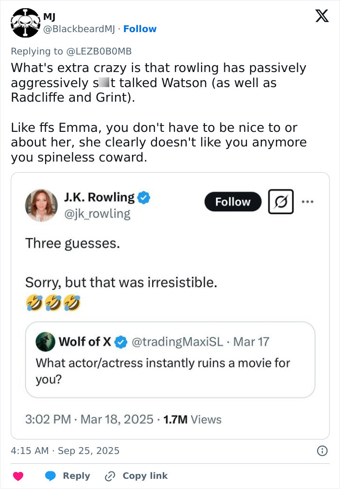 Twitter exchange showing J.K. Rowling and reactions involving Emma Watson amid trans feud controversy.