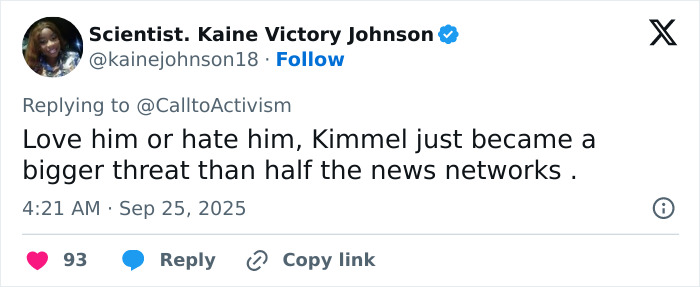 Tweet by Kaine Victory Johnson praising Jimmy Kimmel's influence amid ABC lawsuit threat and record-breaking comeback.