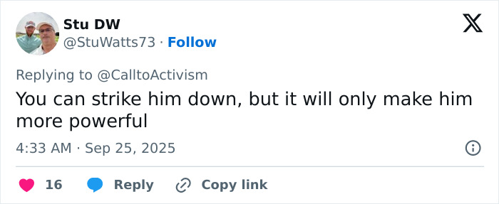 Tweet from user Stu DW at 4:33 AM on Sep 25, 2025, discussing power and resilience in a reply thread.